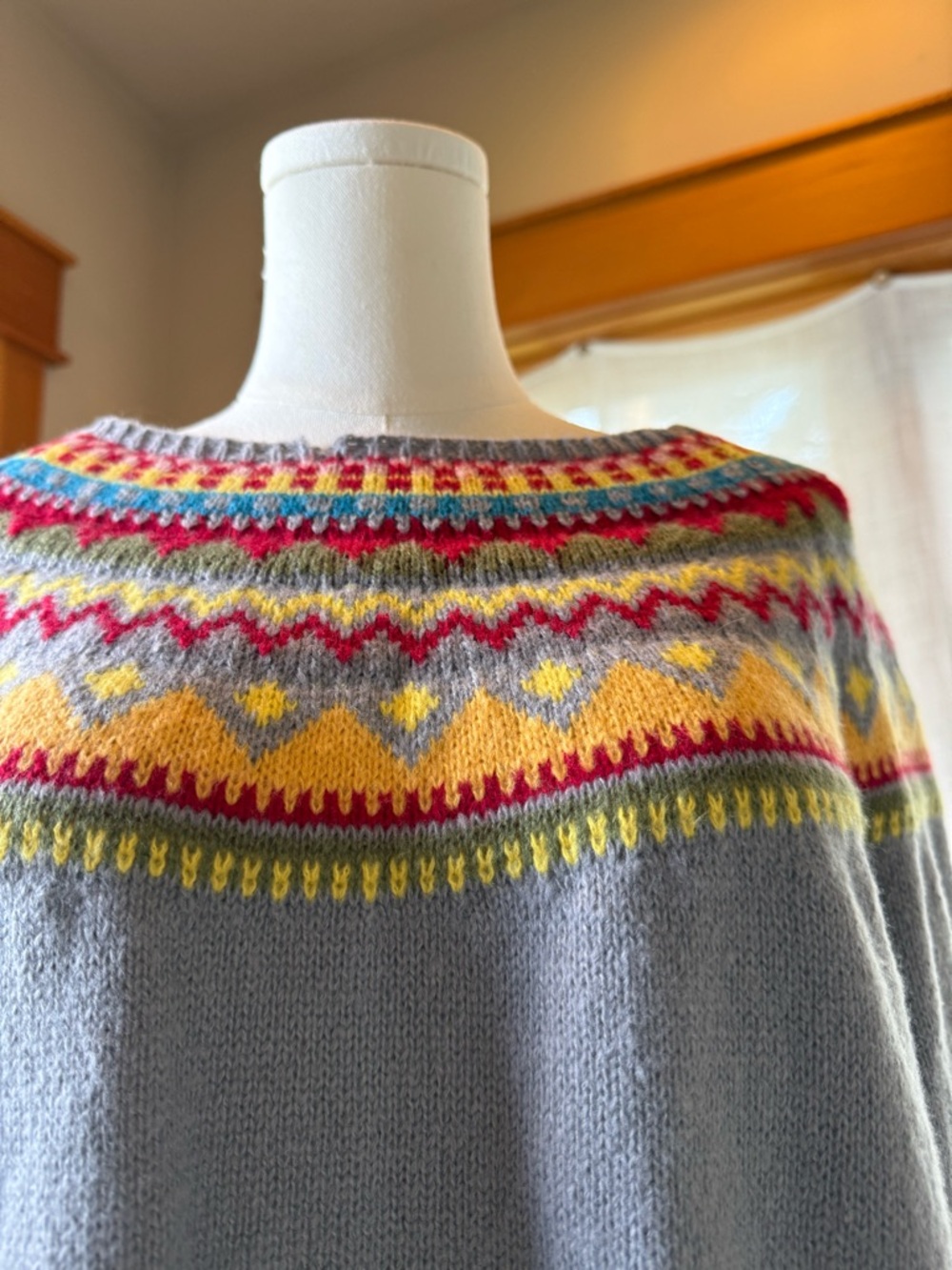 Gray Fair Isle Yoke Sweater with Multicolor Pattern